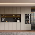 Modern Kitchen Interior With Grey Cabinets Black Countertop Glass Door Cabinets And Appliances