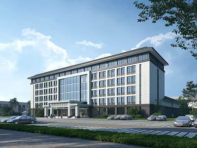 Modern Office Building Exterior With Large Glass Windows Green Lawns And Front Parking Area 3d model