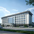 Modern Office Building Exterior With Large Glass Windows Green Lawns And Front Parking Area