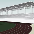 Modern Football Field with Covered Grandstand Red Running Track and Green Turf