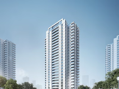 Tall Modern High Rise Residential Buildings Exterior With Clear Sky And Green Trees 3d model