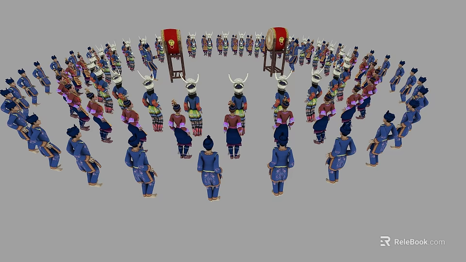 Many People In Traditional Clothing Performing Circular Ceremonial Dance With Drums 3d model 