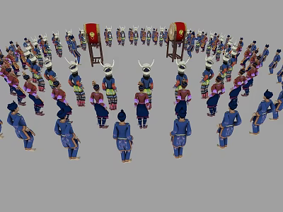 Many People In Traditional Clothing Performing Circular Ceremonial Dance With Drums 3d model