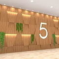 Elevator Lobby With Wooden Walls Number 8 Green Hanging Plants Ceiling Lighting Light Marble Floor