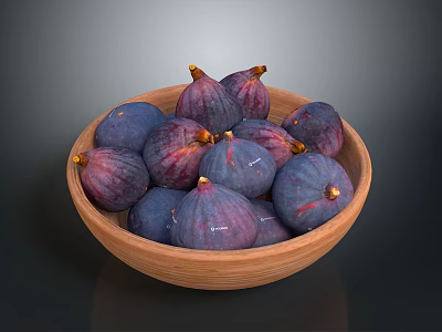 Fresh Ripe Figs in Wooden Bowl Healthy Organic Fruits on Dark Background 3d model