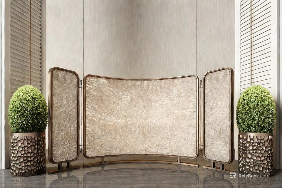 Modern Curved Decorative Screen With Beige Panel Metal Frame And Green Plants 3d model 