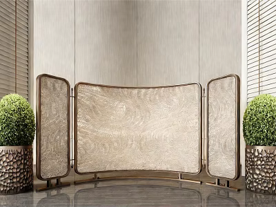 Modern Curved Decorative Screen With Beige Panel Metal Frame And Green Plants 3d model