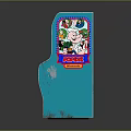 Blue Arcade Game Machine Featuring Colorful Cartoon Graphics Screen Coin Slot And Control Buttons