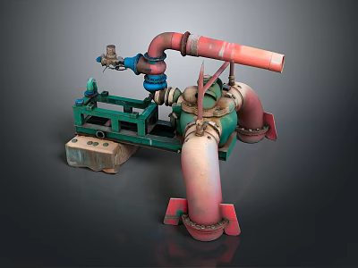 Industrial Piping Equipment With Green Metal Frame Red Blue Pipes And Valves 3d model