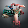 Industrial Piping Equipment With Green Metal Frame Red Blue Pipes And Valves