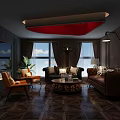 Cigar Bar Lounge Interior With Dark Decor Red Walls Elegant Statue And Patterned Floor 3d model