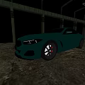 Teal Sports Coupe Parked In Industrial Warehouse With Dirt Floor And Brick Walls