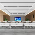 Modern Conference Room With Long Table White Orange Chairs And Ceiling Lights