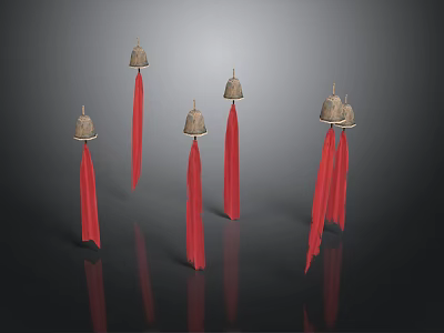 Five Bells With Red Tassels As Household Items On Black Background 3d model