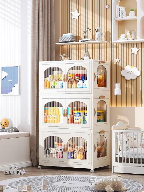 White Nursery Cabinet Shelf with Glass Doors and Toys Near Baby Crib and Cloud Decor 3d model 