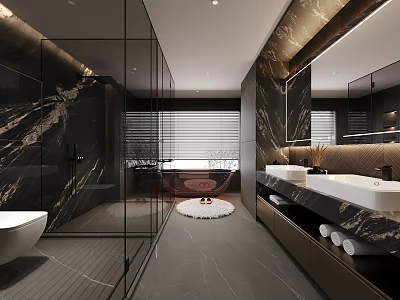 Modern Elegant Bathroom Interior With Marble Walls Double Vanity Sinks Bathtub And Glass Partition 3d model