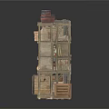 Three Industrial Storage Shelves With Wooden Crates Dishes And Bottles