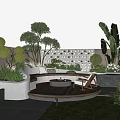 Courtyard Garden Design With Circular Wooden Deck Fire Pit Seating Area And Green Plants