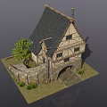 Medieval Half Timbered Building With Steep Roof Stone Archway Tree And Stone Wall
