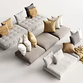 Plush Sofa Stools In Neutral Tones With Mixed Pillows And Wool Blanket 3d model