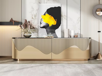 Modern Gold TV Stand With Wavy Design And Decorative Items On Marble Wall 3d model