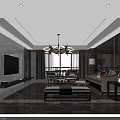 Modern Integrated Living And Dining Interior Design With Marble Finishes And Custom Display Cabinets