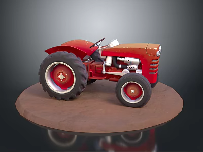 Red Vintage Tractor Model Featuring Large Wheels On Brown Display Base 3d model