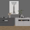 Stylish Interior With Gray White Cabinets Empire State Poster And Decorative Items