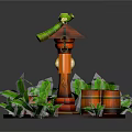 Lush Green Plants Surrounding Bamboo Structure With Hanging Lantern And Wooden Barrels