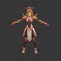 Woman With Red Hair And Halo In Ornate Gold Green Armor Standing With Outstretched Arms