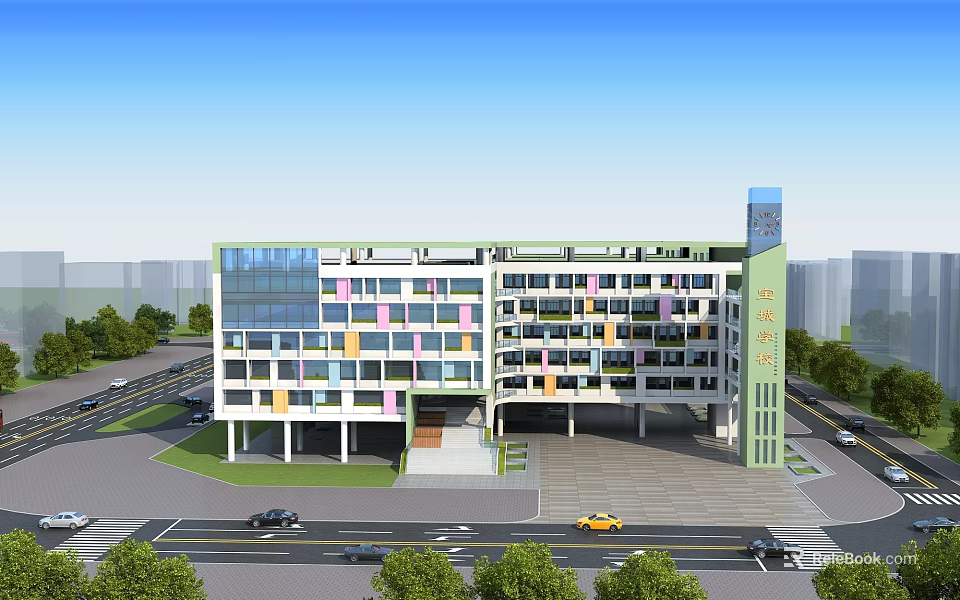 Modern School Building With Colorful Windows Trees And Road In Front 3d model 