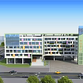 Modern School Building With Colorful Windows Trees And Road In Front