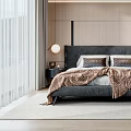 Modern Bedroom Interior With Large Bed Nightstands Area Rug Armchair And Artwork