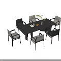 Modern Black Dining Table Set With Six White Cushioned Chairs And Plant Decor 3d model