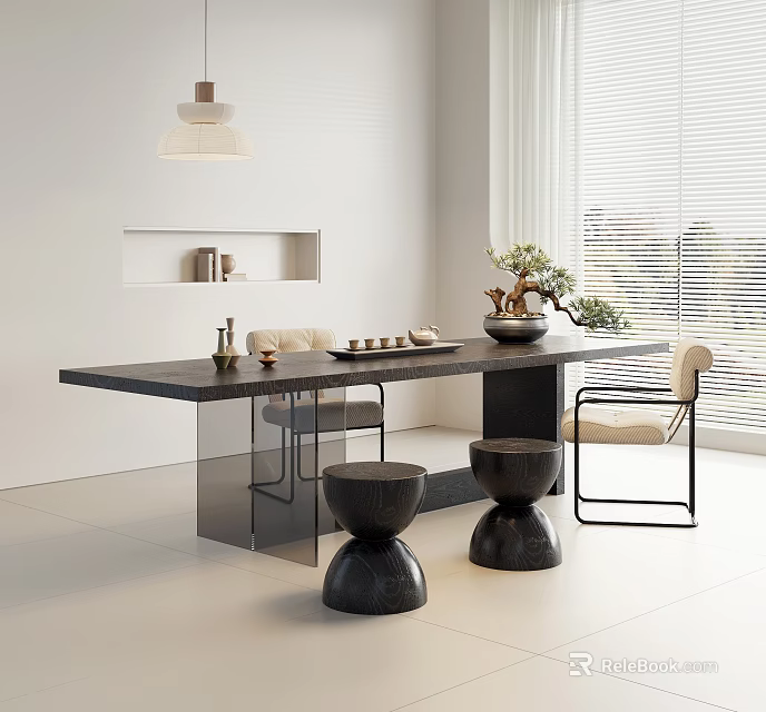 Modern Tea Table and Chairs with Tea Sets Vase and Pendant Light in Bright Room 3d model 