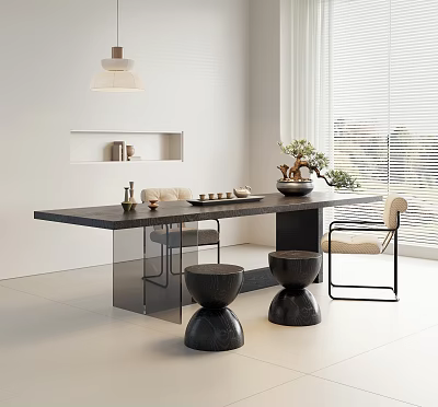 Modern Tea Table and Chairs with Tea Sets Vase and Pendant Light in Bright Room 3d model