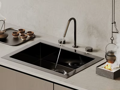 Modern Undermount Black Kitchen Sink With Brushed Brass Faucet And Concrete Countertop 3d model