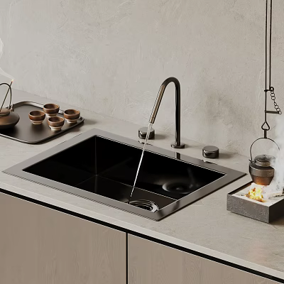 Modern Undermount Black Kitchen Sink With Brushed Brass Faucet And Concrete Countertop 3d model