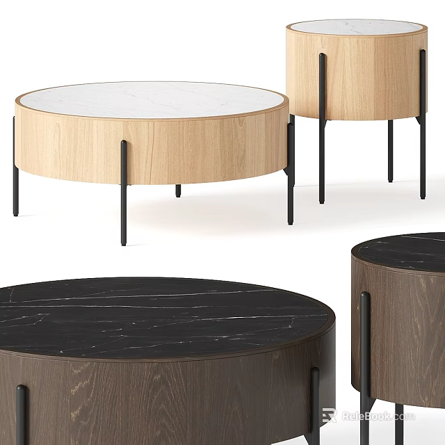 Modern Functional Round Table With Wooden Frame And Marble Top Design Options 3d model