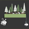 Natural Landscape With Green Platform Snowy Pine Trees Blue River Wooden Bridge And Waterfall Foam