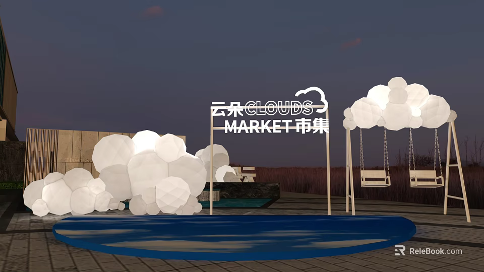 Clouds Market Scene Featuring White Cloud Shaped Decorations Blue Pool And Brick Pavement 3d model