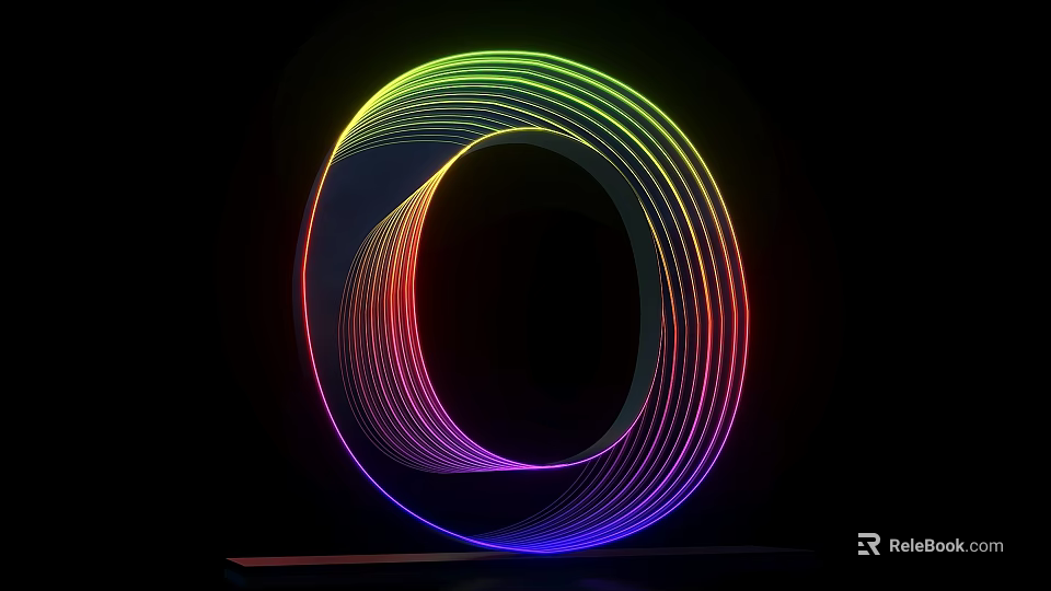 Vibrant 3D Typography Artwork With Illuminated Circular Rainbow Lines On Black Base 3d model 