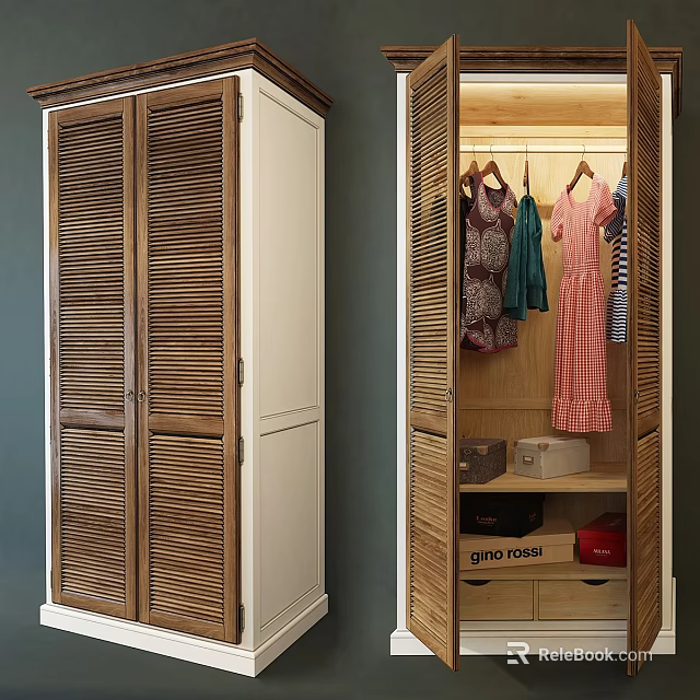 Wooden Wardrobe With Louvered Doors White And Wood Finish Open Interior Hanging Clothes And Drawers 3d model 