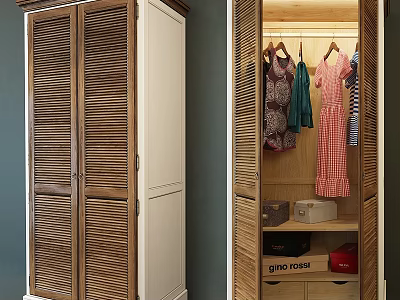 Wooden Wardrobe With Louvered Doors White And Wood Finish Open Interior Hanging Clothes And Drawers 3d model
