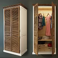 Wooden Wardrobe With Louvered Doors White And Wood Finish Open Interior Hanging Clothes And Drawers
