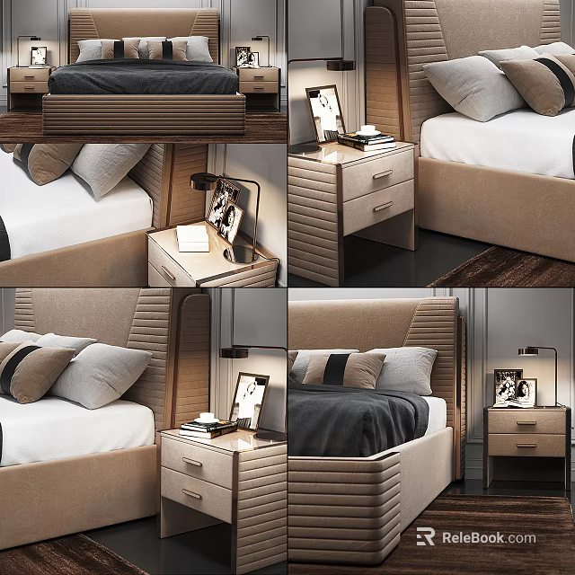 Elegant Modern Double Bed Setup With Plush Pillows Wooden Nightstand And Table Lamp 3d model 