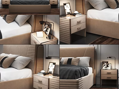 Elegant Modern Double Bed Setup With Plush Pillows Wooden Nightstand And Table Lamp 3d model