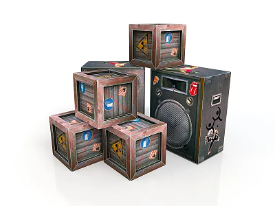 Stacked Vintage Wooden Crates With Labels And Black Speaker 3d model