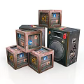 Stacked Vintage Wooden Crates With Labels And Black Speaker