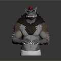 Fierce Mythical Creature Character With Red Horns Sharp Teeth Brown Mane And Red Arm Tattoos